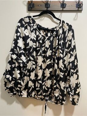 Fred David Black Floral Tie-Hem Peasant Tunic